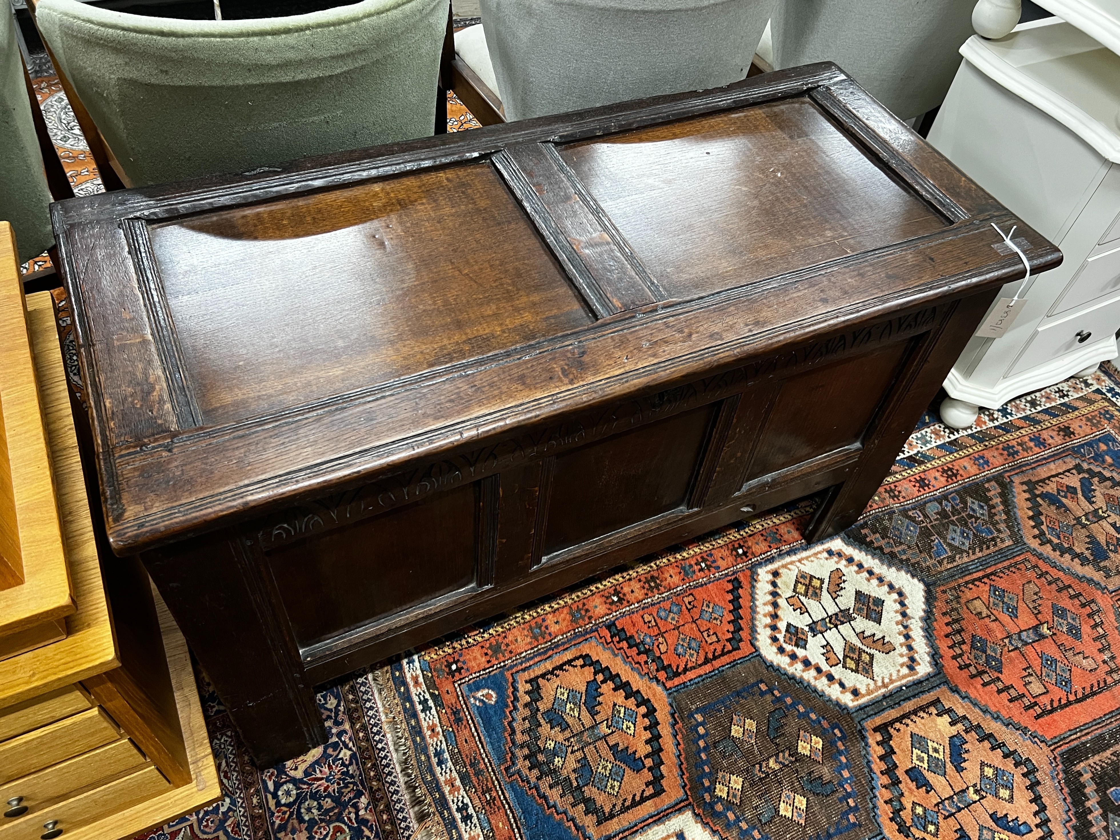 A late 17th / early 18th century panelled oak coffer, length 108cm, depth 48cm, height 66cm